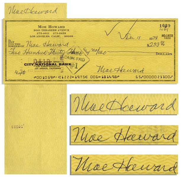 Moe Howard Check Signed, Made out to Himself, and Also Endorsed by Moe on Verso -- Dated 11 December 1974 -- Measures 8.25'' x 3'' -- Very Good Condition